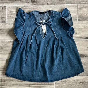 Denim Ruffle Sleeve Blouse